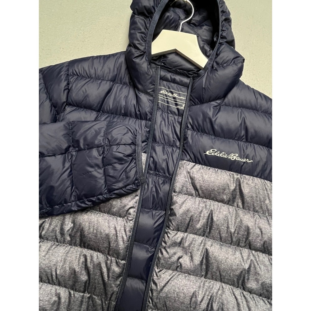 Eddie Bauer EB650 Men Medium Navy Blue Grey Hooded Down Puffer Jacket Colorblock